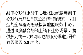 clip_image009.gif 圓角矩形:副中心政務(wù)服務(wù)中心是北投智慧與副中心政務(wù)局共創(chuàng)“政企合作”新模式下,打造的全流程無(wú)感聯(lián)接智能型服務(wù)中心,通過(guò)深度融合的線上線下業(yè)務(wù)場(chǎng)景,提供多元統(tǒng)一、觸網(wǎng)即達(dá)的服務(wù)渠道,開(kāi)啟政務(wù)服務(wù)5.0時(shí)代。